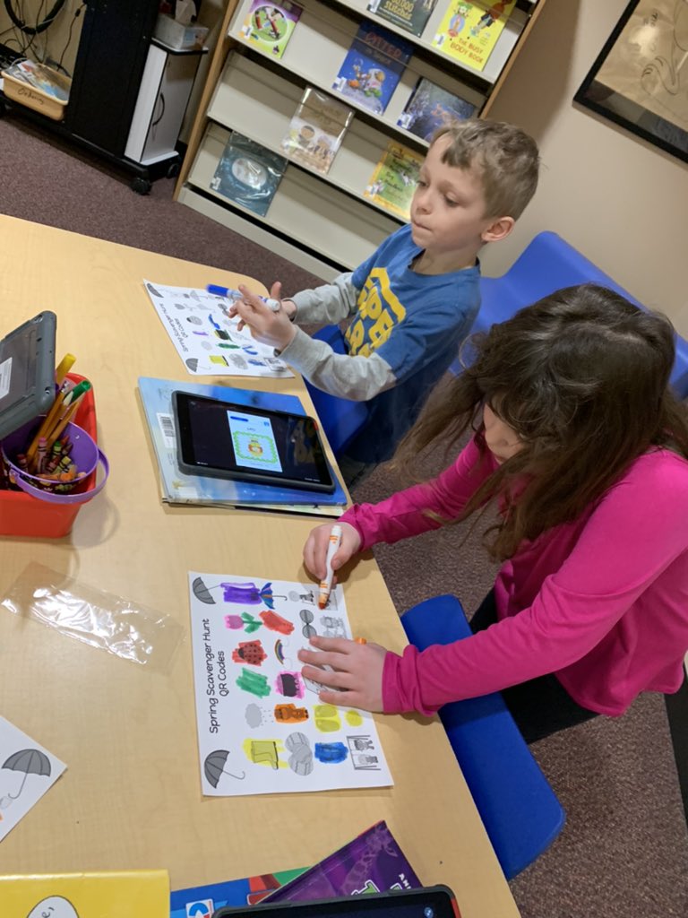 teachertalley's tweet photo. Ss had fun scanning QR codes to find signs of Spring in the library! @SchoolZimmerman https://t.co/3GScUEECgG
