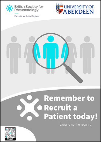 Just been looking at early drafts of flyers to boost (hopefully) recruitment to the <a href="/RheumatologyUK/">BSR</a> #PsoriaticArthritis Register.
Need to spread the message - we're open for business and looking to expand the register.
#BSR_PsA
