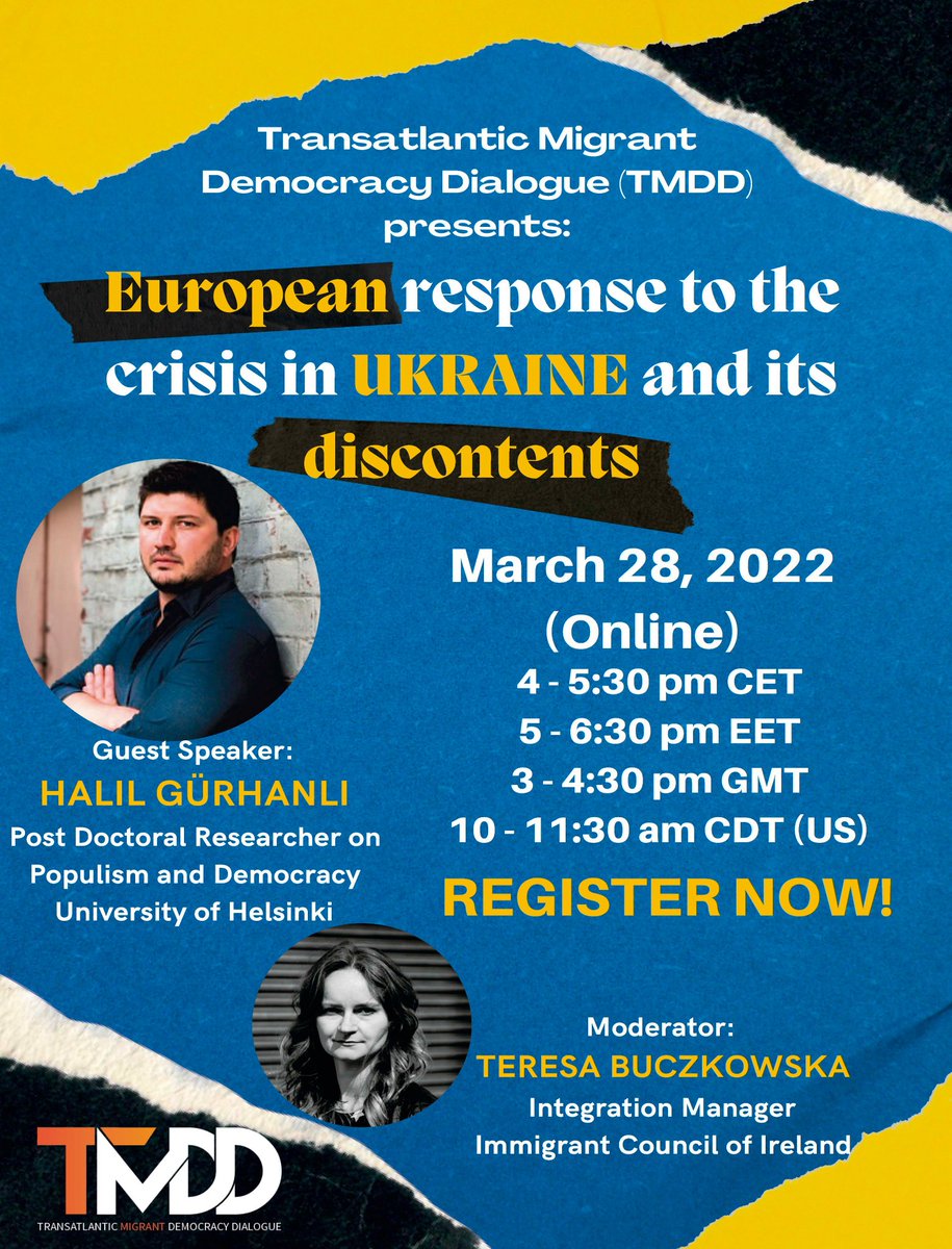 theTMDD's tweet photo. "European response to crisis in Ukraine and its discontents"

🗣️ Join @theTMDD event on 28th March at 16:00 CET to listen to @halilgurhanli about the Europe &amp; West response to this crisis and what we are to expect to happen next.

👉🏽 Register here: https://t.co/uoS31GBwYL https://t.co/hzhOiTRGbr