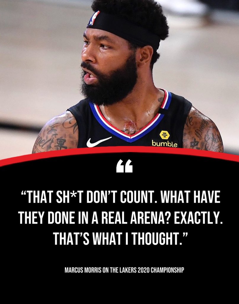 BallsackSports's tweet image. Marcus Morris says the 2020 Lakers Championship “don’t count” 😳🤯