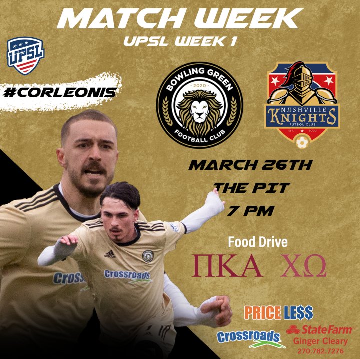 Bowling Green FC (@bgfcgoldenlions) on Twitter photo On March 26th your Golden Lions open up their <a href="/UPSLsoccer/">UPSL</a> campaign at The Pit against the Nashville Knights.
▶️ Appearance from Mayor Todd Alcott
▶️ Food drive with <a href="/WKUPikes/">WKU Pi Kappa Alpha</a> and <a href="/ChiOmega_WKU/">WKU Chi Omega</a>
▶️ Empandas Food Truck
▶️ Mascot Reveal 🦁
Get tickets here: tickets.upslsoccer.com/events/bgfc-go… On March 26th your Golden Lions open up their <a href="/UPSLsoccer/">UPSL</a> campaign at The Pit against the Nashville Knights.
▶️ Appearance from Mayor Todd Alcott
▶️ Food drive with <a href="/WKUPikes/">WKU Pi Kappa Alpha</a> and <a href="/ChiOmega_WKU/">WKU Chi Omega</a>
▶️ Empandas Food Truck
▶️ Mascot Reveal 🦁
Get tickets here: tickets.upslsoccer.com/events/bgfc-go…