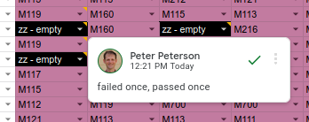 tastytronic's tweet photo. The value of having a spreadsheet like this is that we can easily track the results of our flipchip tester and other maintenance by adding comments in the relevant cells: #umdpdp12 #pdp12 #retrocomputing https://t.co/ultRRwPH9M