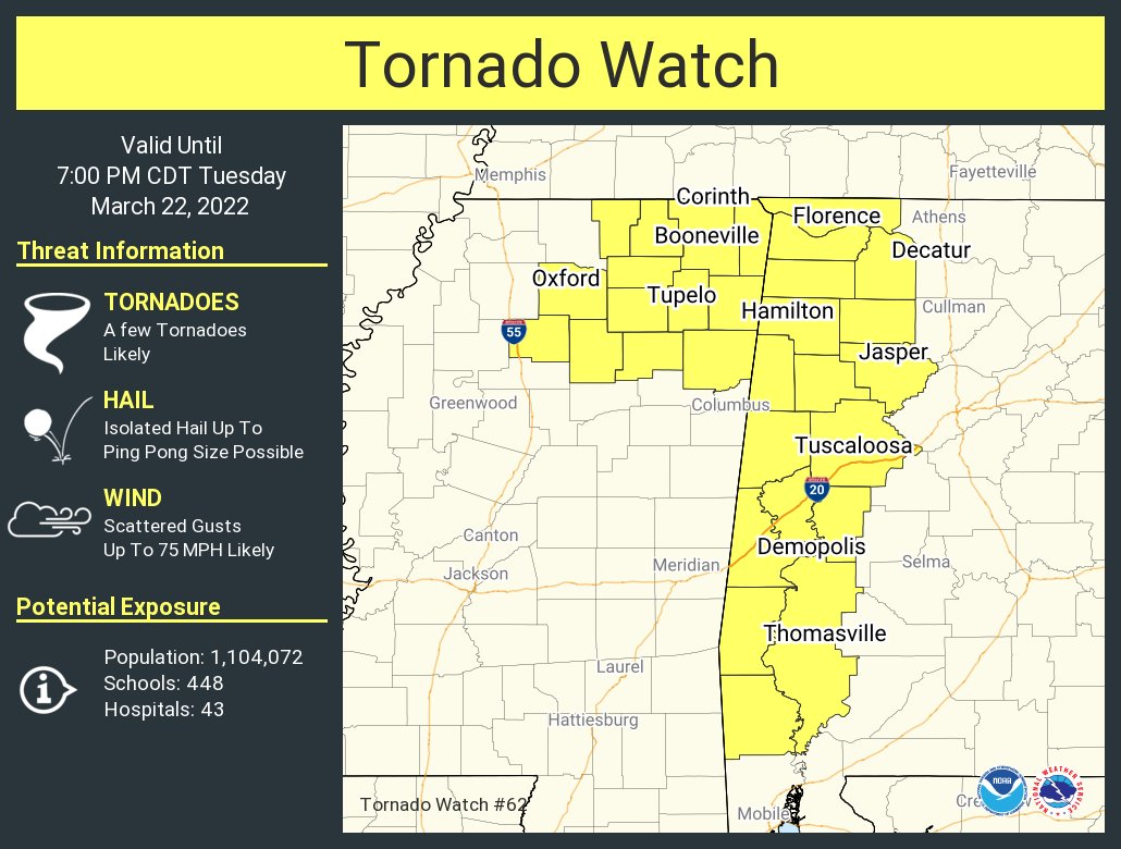 A tornado watch has been issued for parts of Alabama and Mississippi until 7 PM CDT