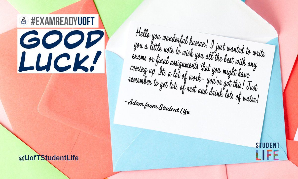 UofTStudentLife's tweet photo. #ExamReadyUofT Tuesday Motivation 🌟 In every Exam Ready Study Kit, there's a supportive, motivational note from a friendly Student Life staff member or #UofT alum. We hope it helps. Here are some notes for you read when you need a boost. We're thinking of you! https://t.co/Da1xC2V7po