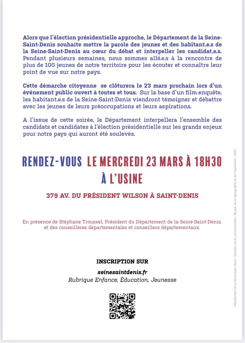 Alors que l’abstention s’annonce massive pour ces élections, <a href="/agceGrandPublic/">Grand Public</a> a rencontré une 100ène de jeunes de <a href="/seinesaintdenis/">Département de Seine-Saint-Denis</a> pour connaître leurs préoccupations&amp;aspirations. Leur parole,restituée dans un film enquête,lancera un grand débat mercredi à 18h30 à l’Usine. Venez!