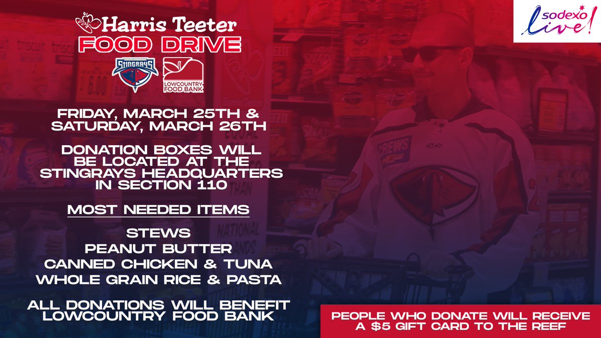 SCStingrays's tweet photo. The Stingrays are teaming up with @HarrisTeeter this weekend and hosting a food drive at our games on Friday, March 25th and Saturday, March 26th! 🛒
Everyone who donates will receive one $5 gift card to The Reef! 🧢 #RaysGiveBack https://t.co/Q4vp31K6RH