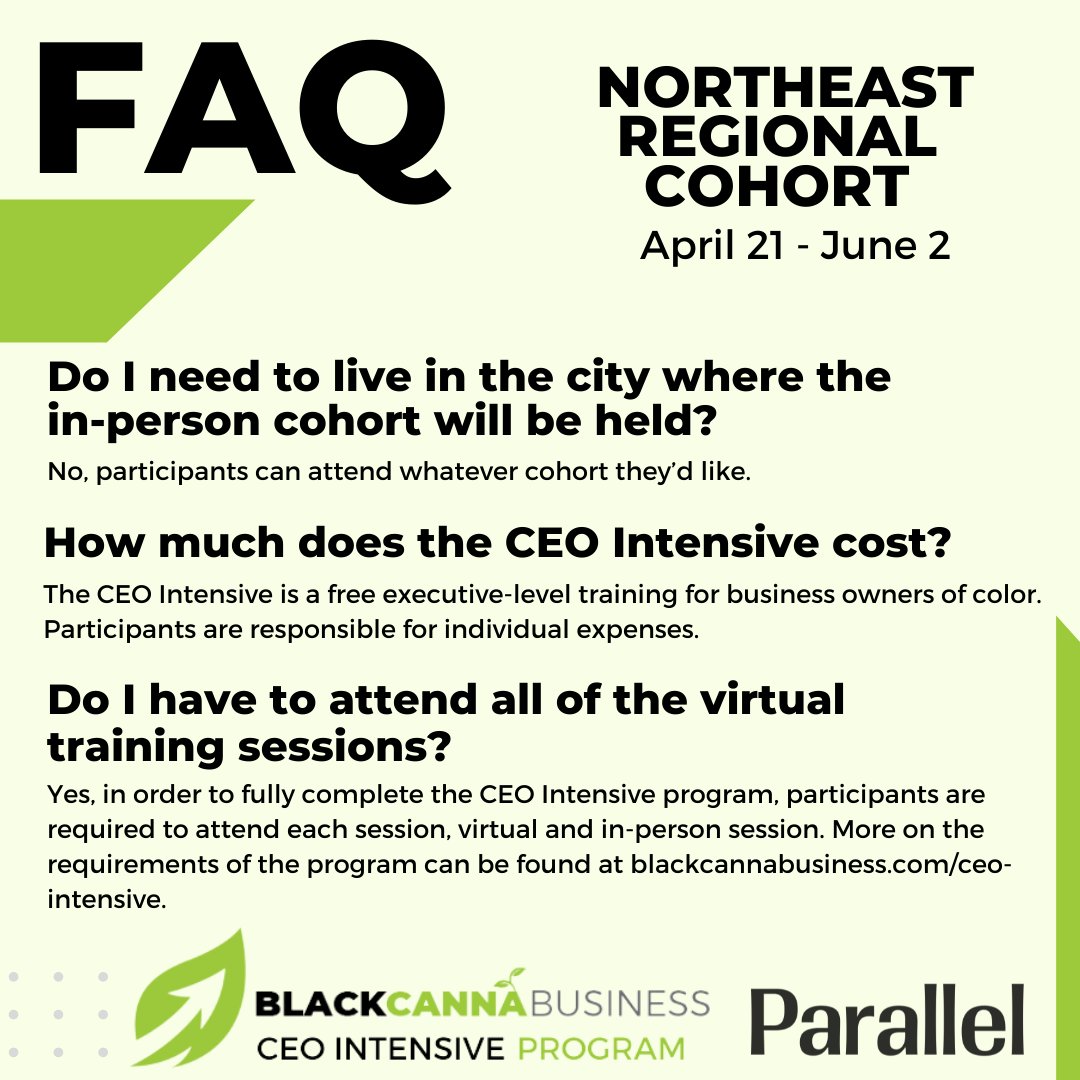 Want to know more about the Black CannaBusiness Magazine and <a href="/live_parallel/">Parallel</a> CEO Intensive program? Check out these FAQs to help with your application.

For more information and to apply, please visit ow.ly/oybx50Ipz8F