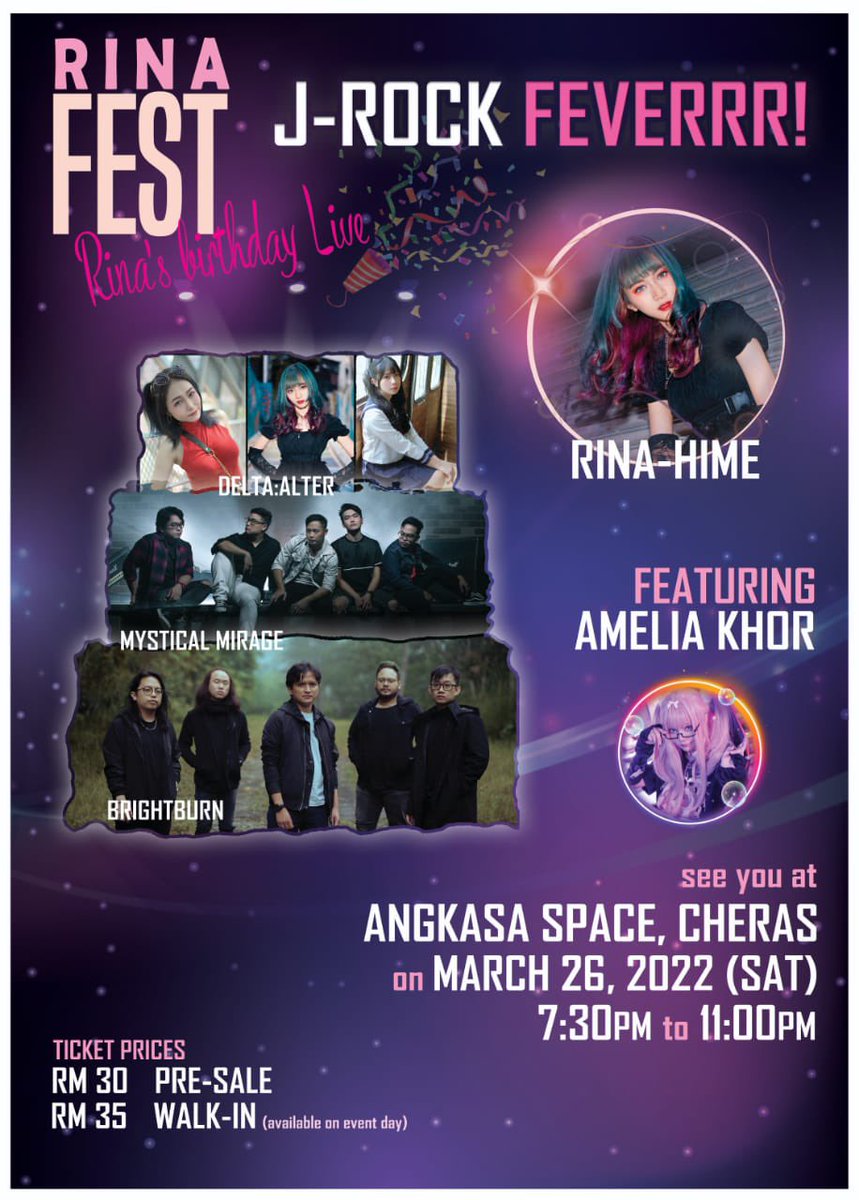 Jenn_Thompson's tweet photo. #ONGROUND LIVE: RINA FEST "J-ROCK FEVERRRR!"
ft. @RinaaHime #Deltarhythm @MysticalmirageB @brightburnmy @AmeliaKhor
at @AngkasaSpace 1-1 JalanDwitasik, BandarSriPermaisuri, Cheras #KL
SATURDAY March26 730-11pm
TICKETS : https://t.co/rNzJAgT1YQ https://t.co/iD287RJN4e