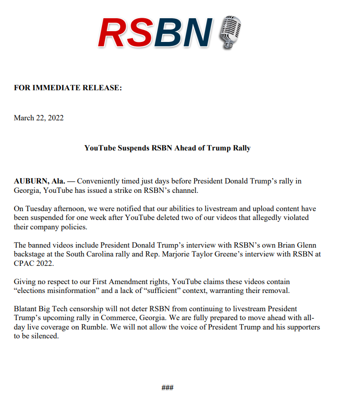 RELEASE: YouTube SUSPENDS RSBN Ahead of Trump Rally rsbnetwork.com/news/release-y…