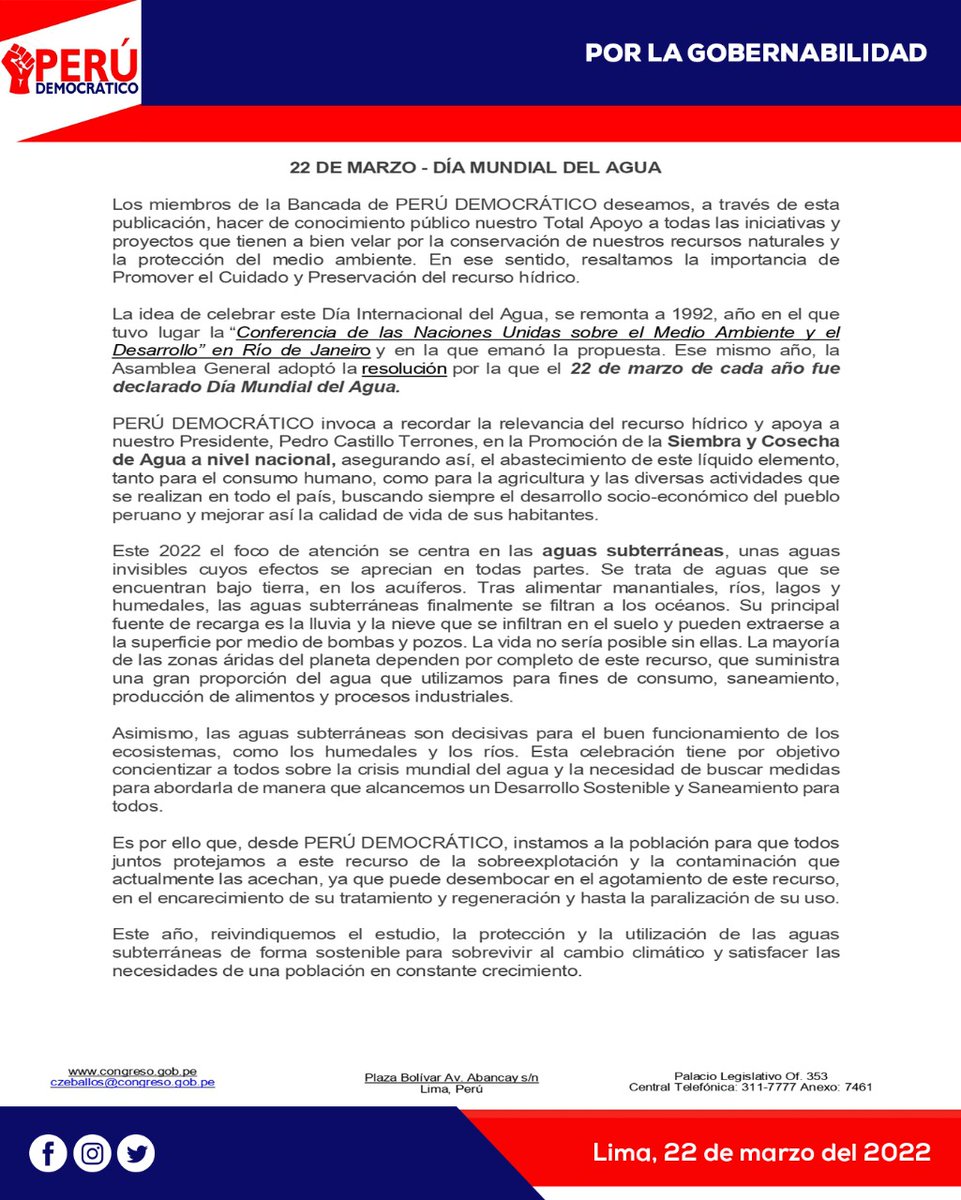 Peru_Democratic's tweet photo. 🔴Hoy mostramos nuestro apoyo para promover el cuidado y preservación del agua💧. Asimismo, respaldamos a todo proyecto que vele por nuestros recursos naturales y el medio ambiente.🌎 https://t.co/H93BVl7z6O
