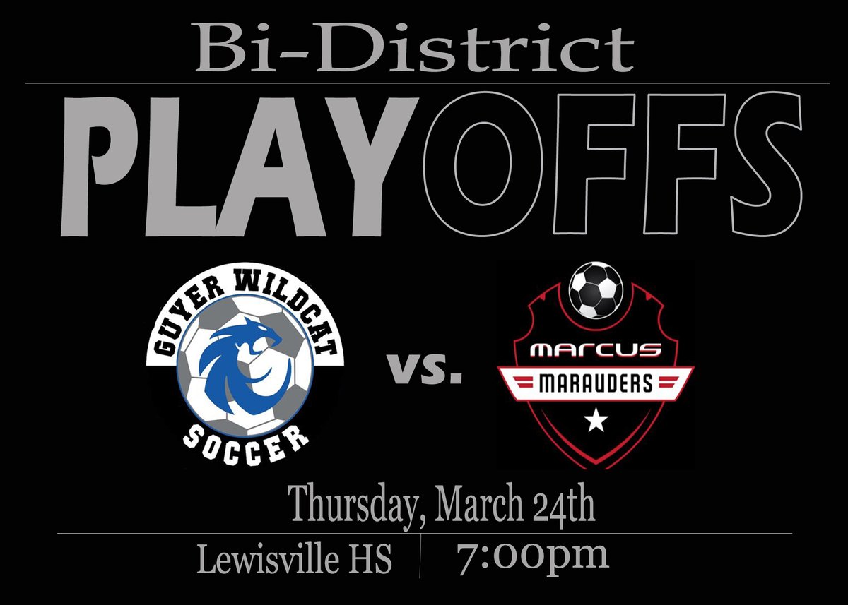 ‼️Round One ‼️
Guyer vs. Marcus 
🗓️Thursday, March 24th
⏰7:00pm
📍Lewisville HS
<a href="/bluecrewnation/">Blue Crew</a> <a href="/GuyerAthletics/">Guyer Wildcat Athletics</a> <a href="/GHSPrincipalSPP/">Dr. Shaun Perry</a> <a href="/GHS_Wildcats/">Guyer HS Wildcats</a> <a href="/DentonISDSports/">Denton ISD Athletics</a>