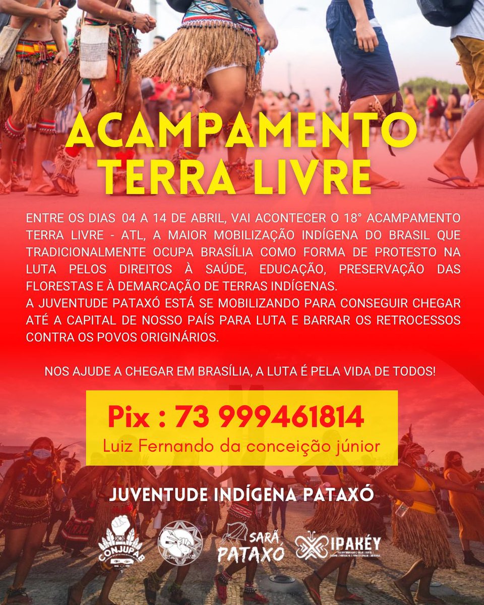 XohahiPataxo's tweet photo. Ajude a nós da delegação Pataxó chegar em Brasília. Precisamos da ajuda de vocês, nossos protestos São pelos nossos direitos de saúde, educação, preservação das florestas e a demarcação das terras indígenas.

73 999461814
Luiz Fernando Da Conceição Júnior 
@tukuma_pataxo https://t.co/rtV63uUbvb