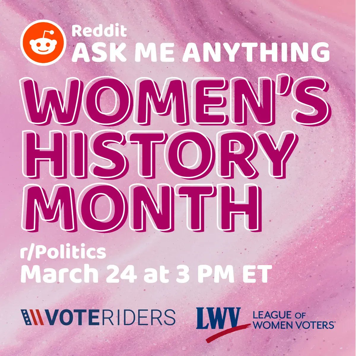 It's #WomensHistoryMonth -- and we're answering your questions about how to help women cast their ballots at the polls! Join the League and <a href="/VoteRiders/">VoteRiders</a> on 3/24 starting at 3 pm ET for a <a href="/Reddit/">Reddit, Inc.</a> AMA!👉reddit.com/r/politics/