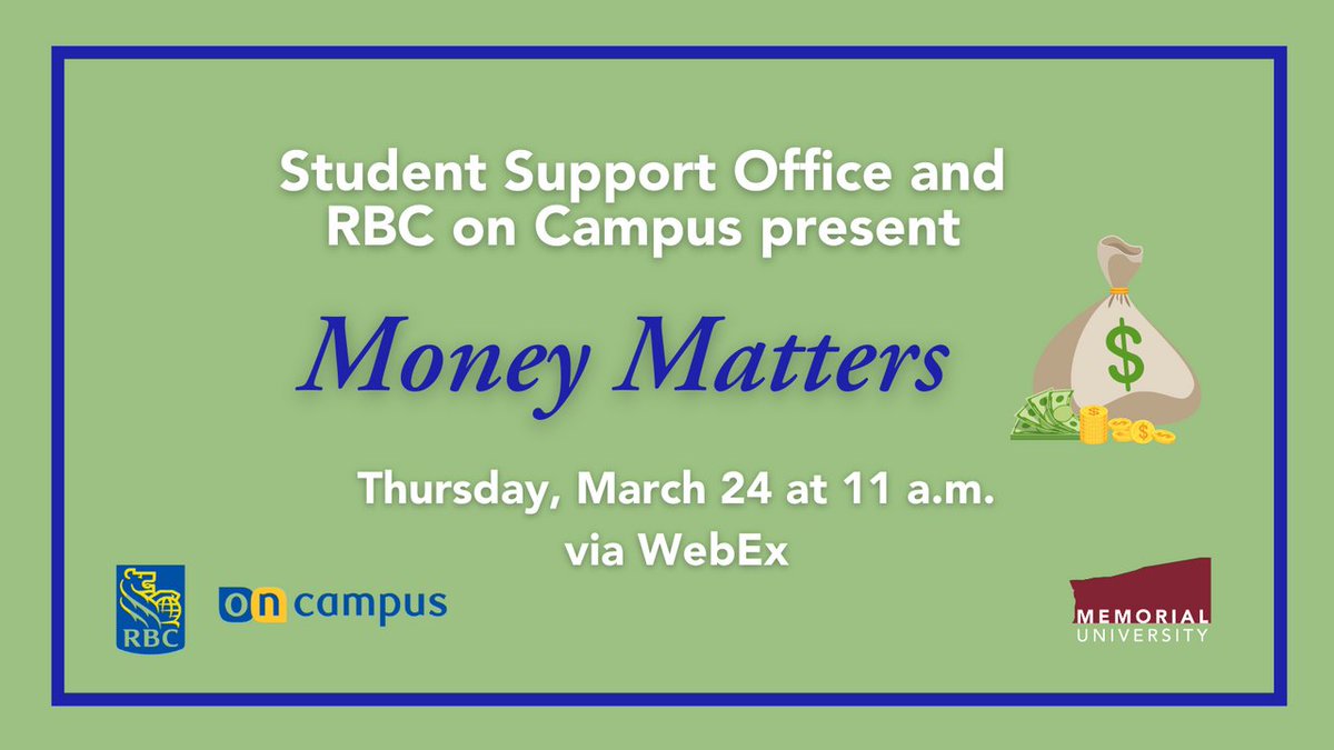 Hey students! Join the Student Support Office and RBC on Campus on Thursday, March 24 at 11 a.m. to talk about money. You will learn how to create a budget, ways to fund your education, how to generate greater income and more! 💰 To register, visit: bit.ly/3I3lsgK