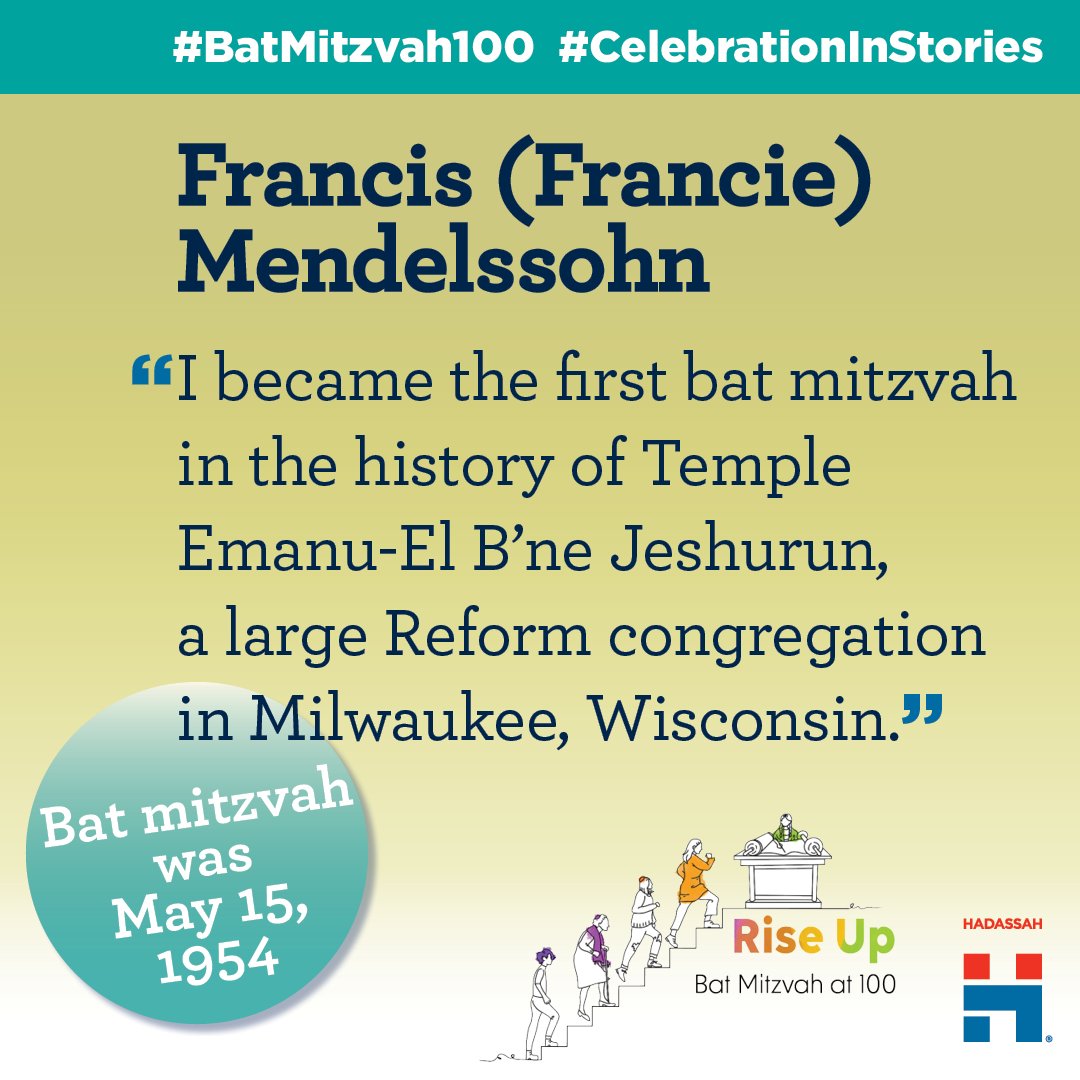 Many of the stories we're sharing for #BatMitzvahAt100 are about women who were the first in some way. Today's first is from Francis (Francie) Mendelssohn, whose bat mitzvah was the first one at her Milwaukee synagogue, founded in 1847. #BatMitzvah100 #CelebrationInStories