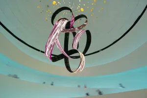 'Dynamo' by Studio Daniel Canogar is a suspended artwork created for the atrium of the Spanish Pavilion at Expo Dubai 2020. The sculpture is interactive through the use of screens &amp; handrail sensors, the data is then translated into animated sparks.

buff.ly/34YFXxC