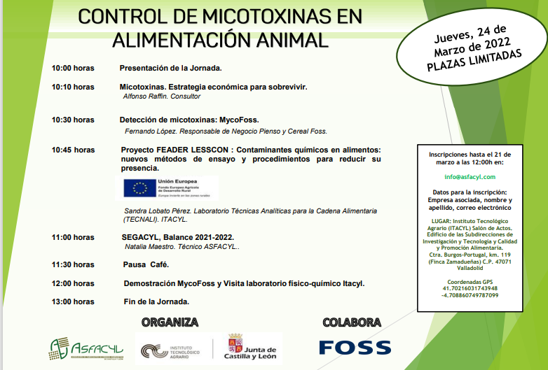 ITACYL's tweet photo. 📢ÚLTIMAS PLAZAS DISPONIBLES📢
Control de #micotoxinas en alimentación animal: jornada presencial 👉métodos  para el cumplimiento normativo en seguridad en #piensos

📅 24 marzo
Info e inscripciones 👉 https://t.co/yh5jT6vc4X

#ITACyL #ASFACyL #Lesscon #FEADER #InnovaciónALaCarta https://t.co/8gBHgZjVIV