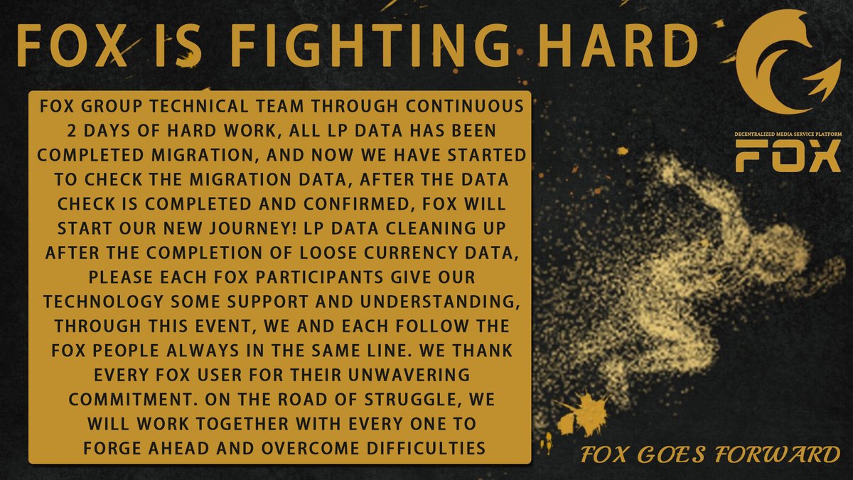 Fox__media's tweet photo. FOX group technical team through continuous 2 days of hard work, all LP data has been completed migration, and now we have started to check the migration data, after the data check is completed and confirmed, FOX will start our new journey! LP data cleaning up after the ... https://t.co/RVDzMkHYWf