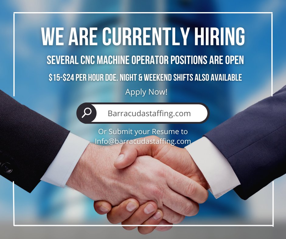 We are currently staffing for several CNC Machine Operator Positions. Ranging from $15.00-$24.00 per hour depending on experience. Give us a call or send us your resume and let us see if we can find you a lasting career today! #BetterWithBarracuda #ExpectMoreWeDo