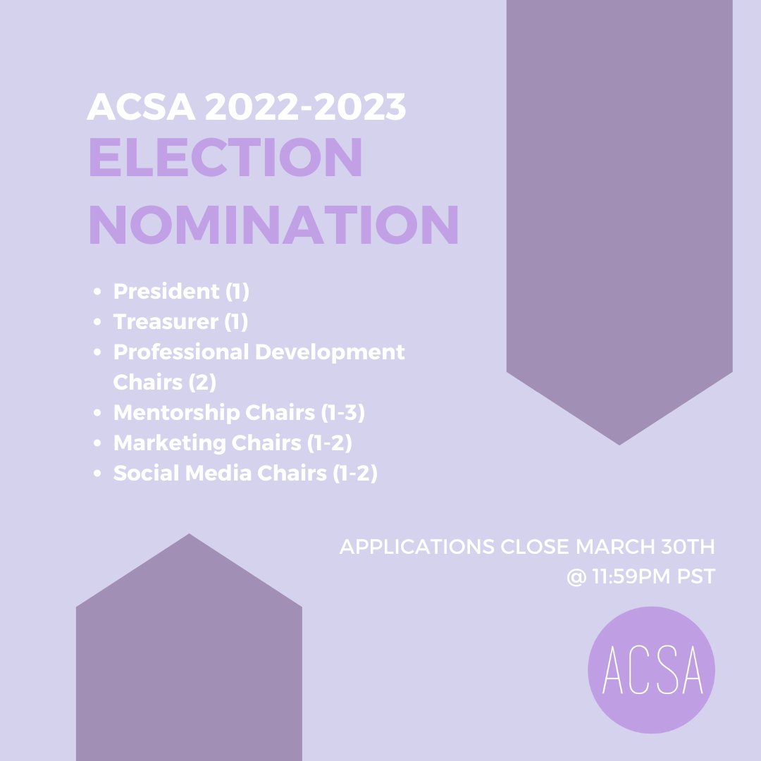 UBCACSA's tweet photo. Election nominations now open for ACSA's 2022-2023 Executive team! Applications close March 30th @ 11:59PM PST. Open to all current Arts Co-op Students.
https://t.co/Vs1i2R7sgR https://t.co/6UEza1VQ7W