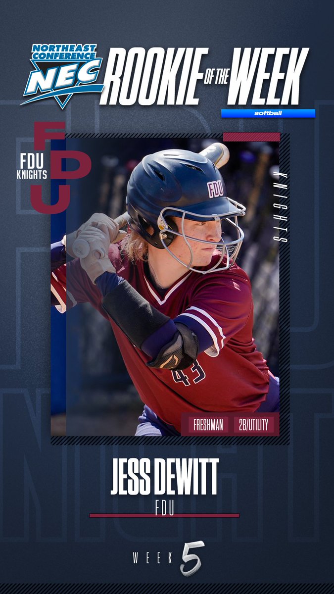 necsoftball's tweet photo. 🏅#NECsoftball Rookie of the Week 🏅

👉Jess DeWitt, @FDUKnights 
 
🗒️Dewitt went yard ✌️ times in a pair of wins against CCSU. Posting a .389 batting average &amp; .778 slugging percentage over 🖐 games, she drove in 5 and scored 3 times to lead FDU to 4️⃣ victories last week. https://t.co/vYQU4mdJBY