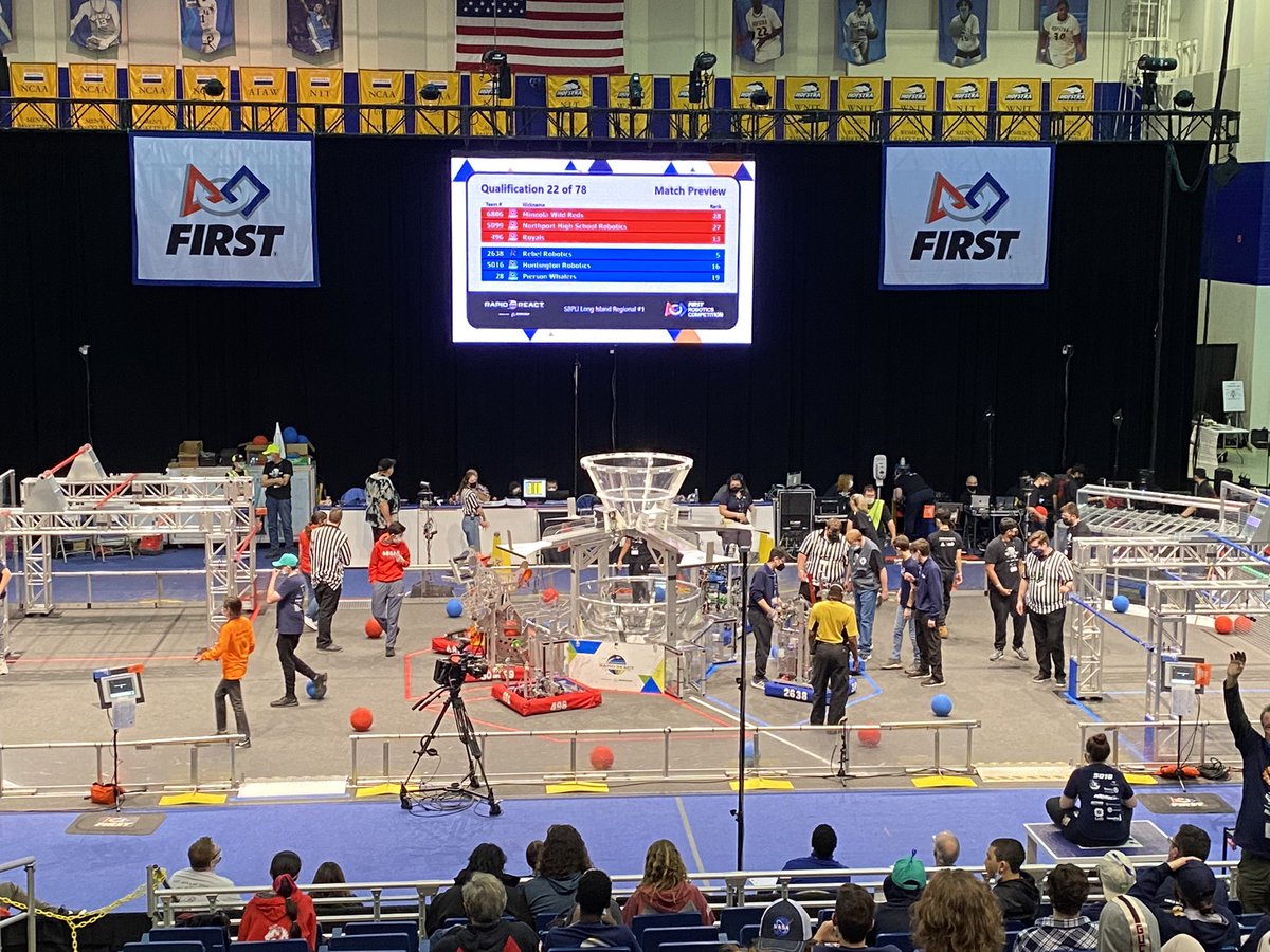 NptSTEM's tweet photo. NHS Robotics Team 5099 competing in qualifying rounds today at FIRST SBPLI Hofstra Regional event!  Go Cyberian Tigers!  #FIRST https://t.co/yNG0YQnI5Z