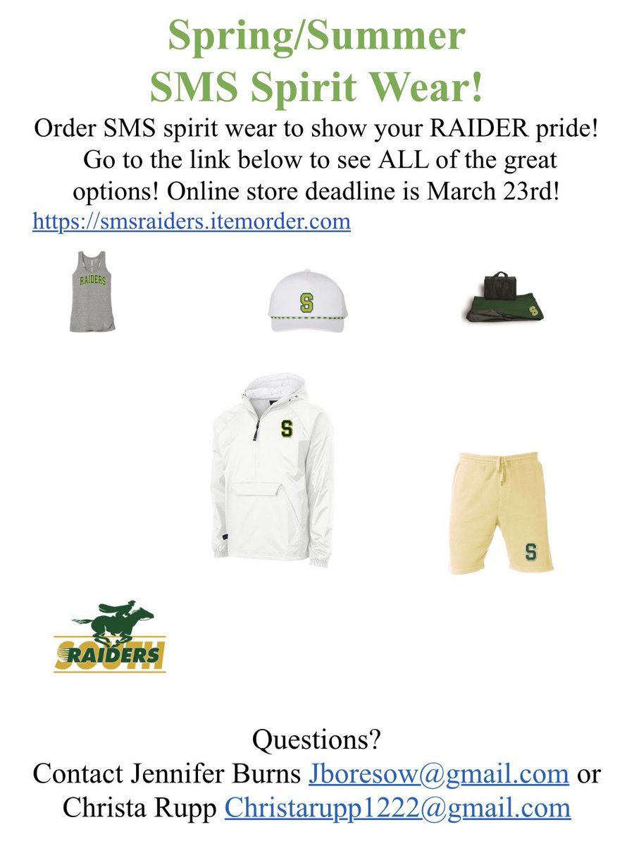 Get your spring/summer SMS spirit wear! 💚💛
Deadline is now March 30th so get your orders in! 

smsraiders.itemorder.com