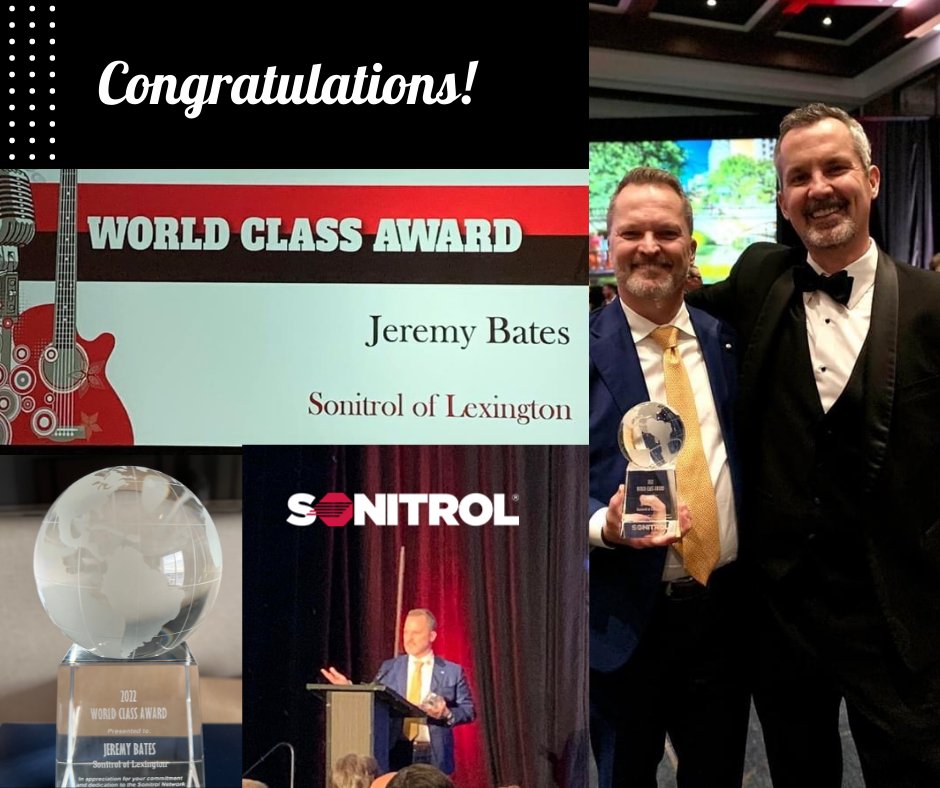 SonitrolKY's tweet photo. Bates Security/Sonitrol of Lexington was thrilled to receive so many awards at the  SNDA event, including when President Jeremy Bates was announced as the recipient of the World Class Award! It was given to someone who promotes the vision and goals of SNDA &amp; Sonitrol culture! https://t.co/k5COERkAad
