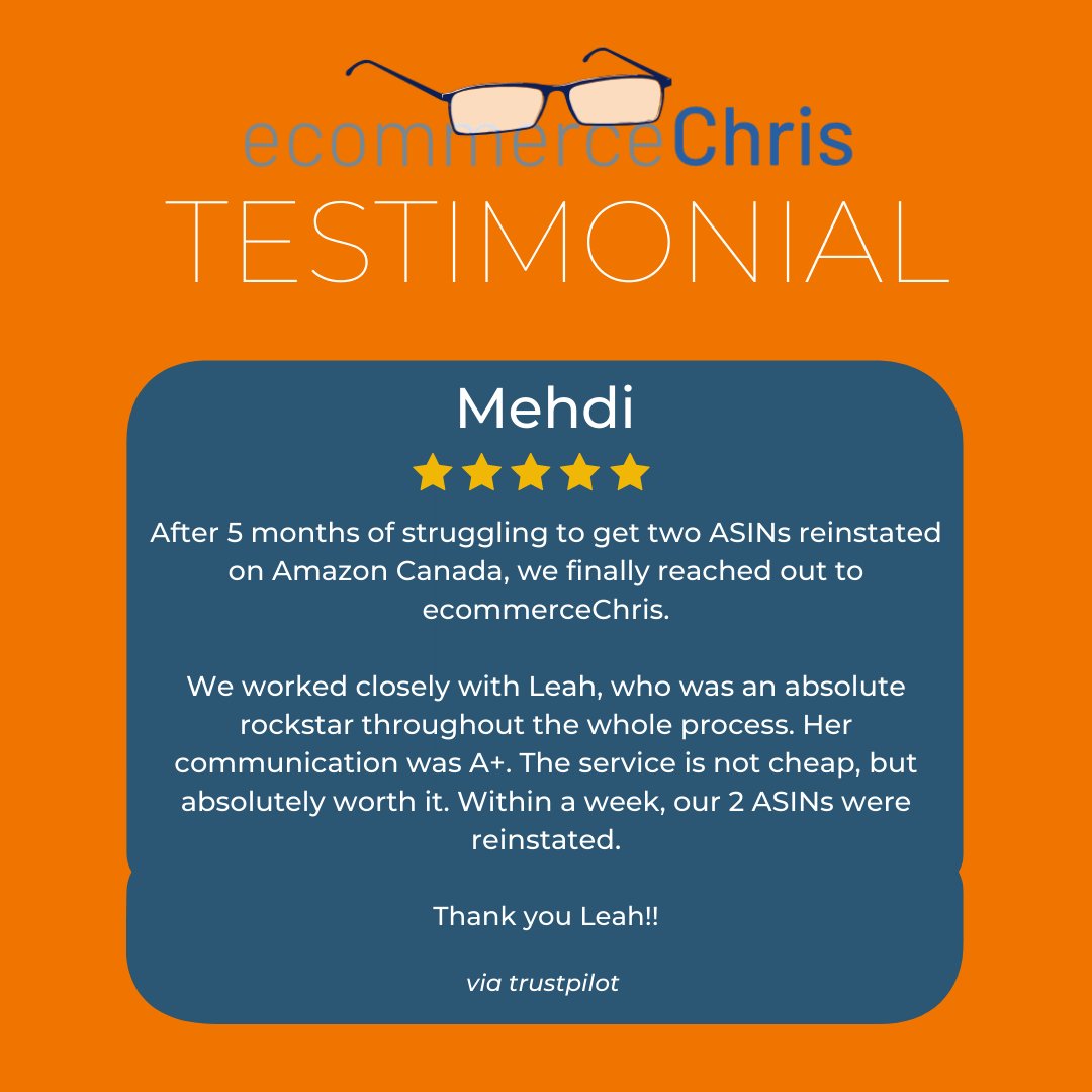 AmznChris's tweet photo. It's #TestimonialTuesday🥳 Thank you Mehdi for the review! ASIN reinstatement can be laborious-- and clear and concise communication is key. We are happy we could help get your ASINs back up and running quickly! https://t.co/dO9TxQ58fD