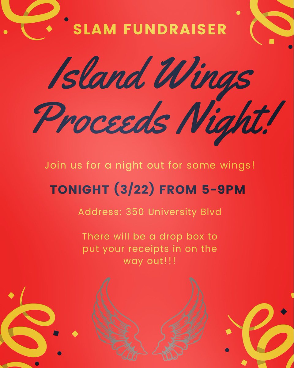 JMUSLAM's tweet photo. 🚨ISLAND WINGS PROCEEDS NIGHT!!! Come out from 5-9pm and help support SLAM. There will be a drop box to put your receipts in so make sure to do that on your way out! Hope to see everyone there and enjoy the fantastic food!🚨 https://t.co/ekiNTMITma