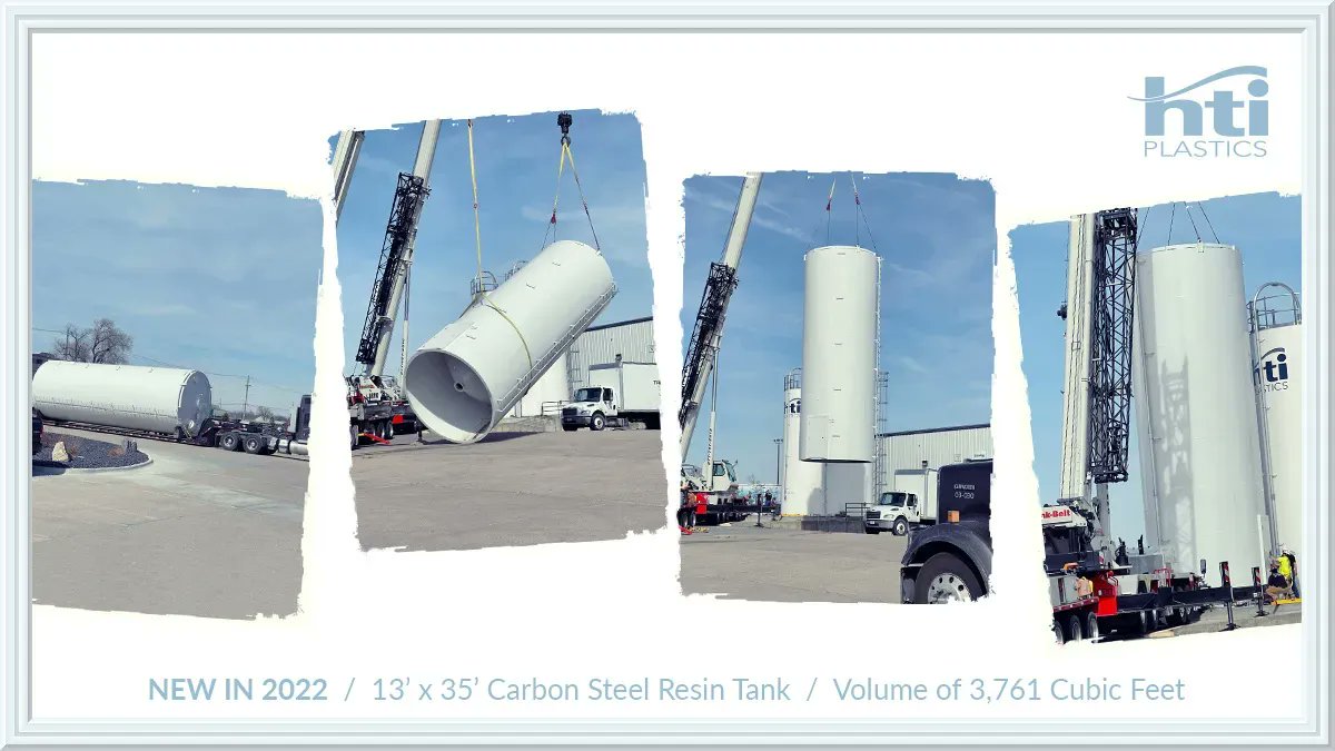 More Plastic Requires More Tanks!
NEW IN 2022 at HTI Plastics.
13' x 35' Carbon Steel Resin Tank / Volume of 3,761 Cubic Feet.