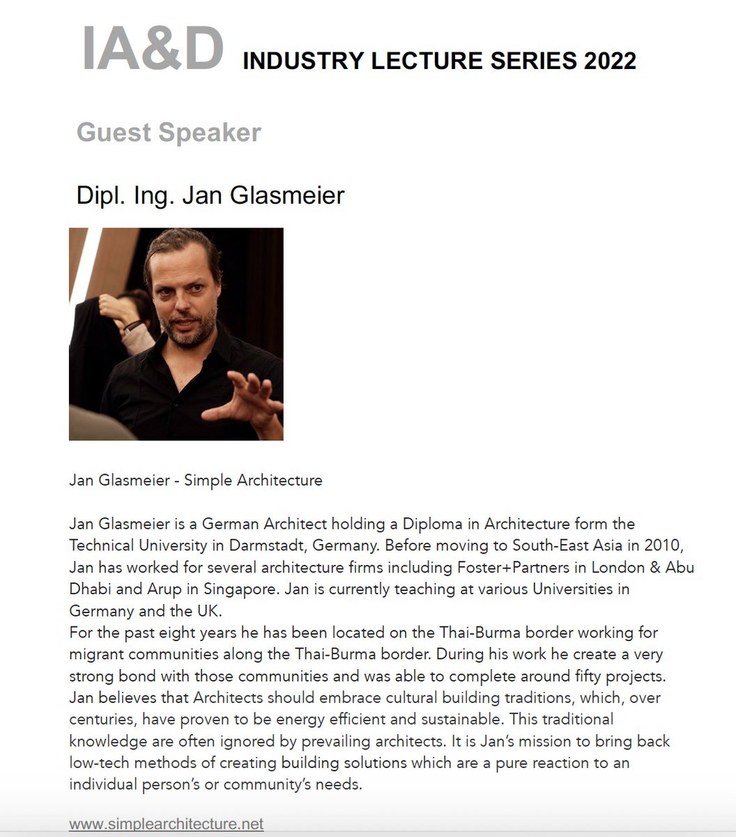 Cov_IntArchDes's tweet image. We have our last #IndustryLecture on Wed 23/3/22 by Architect #JanGlasmeier It&apos;s been an interesting and eclectic series of talks throughout the semester. We look forward to the last speaker tomorrow.