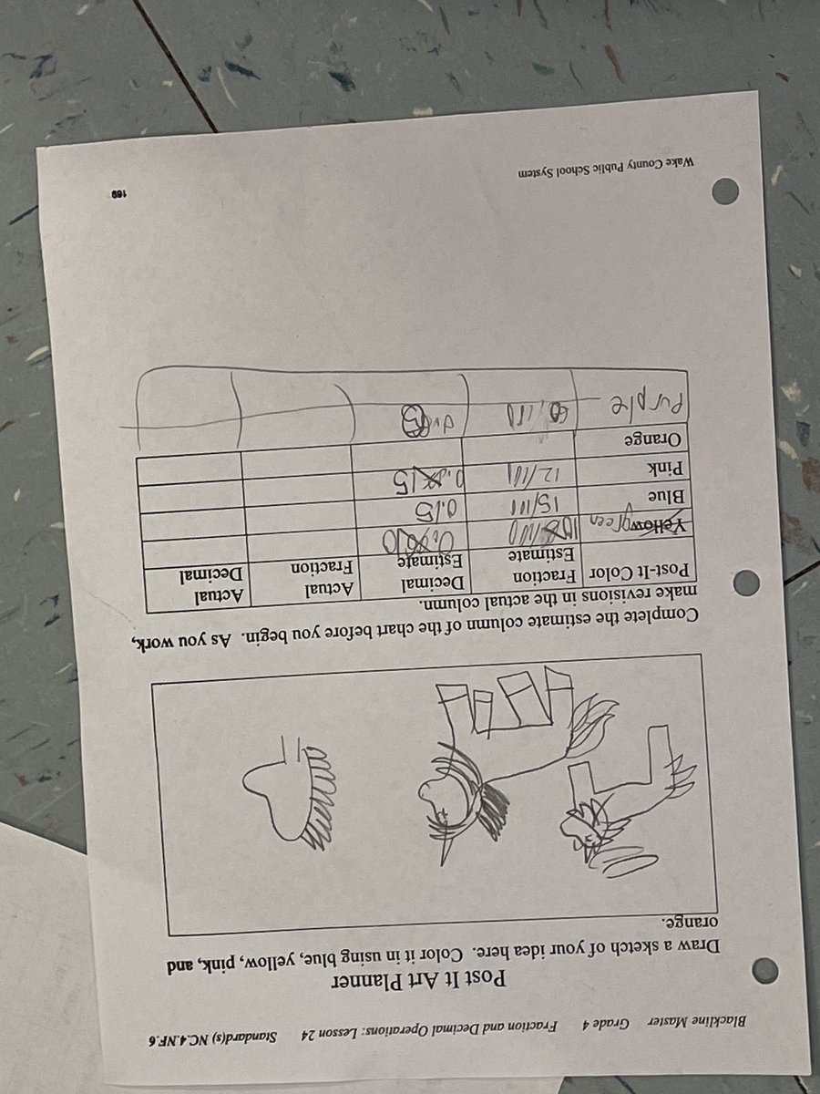 MrsLoriNelson's tweet photo. In 4th grade working with decimals is an artistic and “sticky” business! ⁦@WCPSS⁩ ⁦@drtsexton⁩ ⁦@WesternWCPSS⁩ https://t.co/MF3Kl0ODoL
