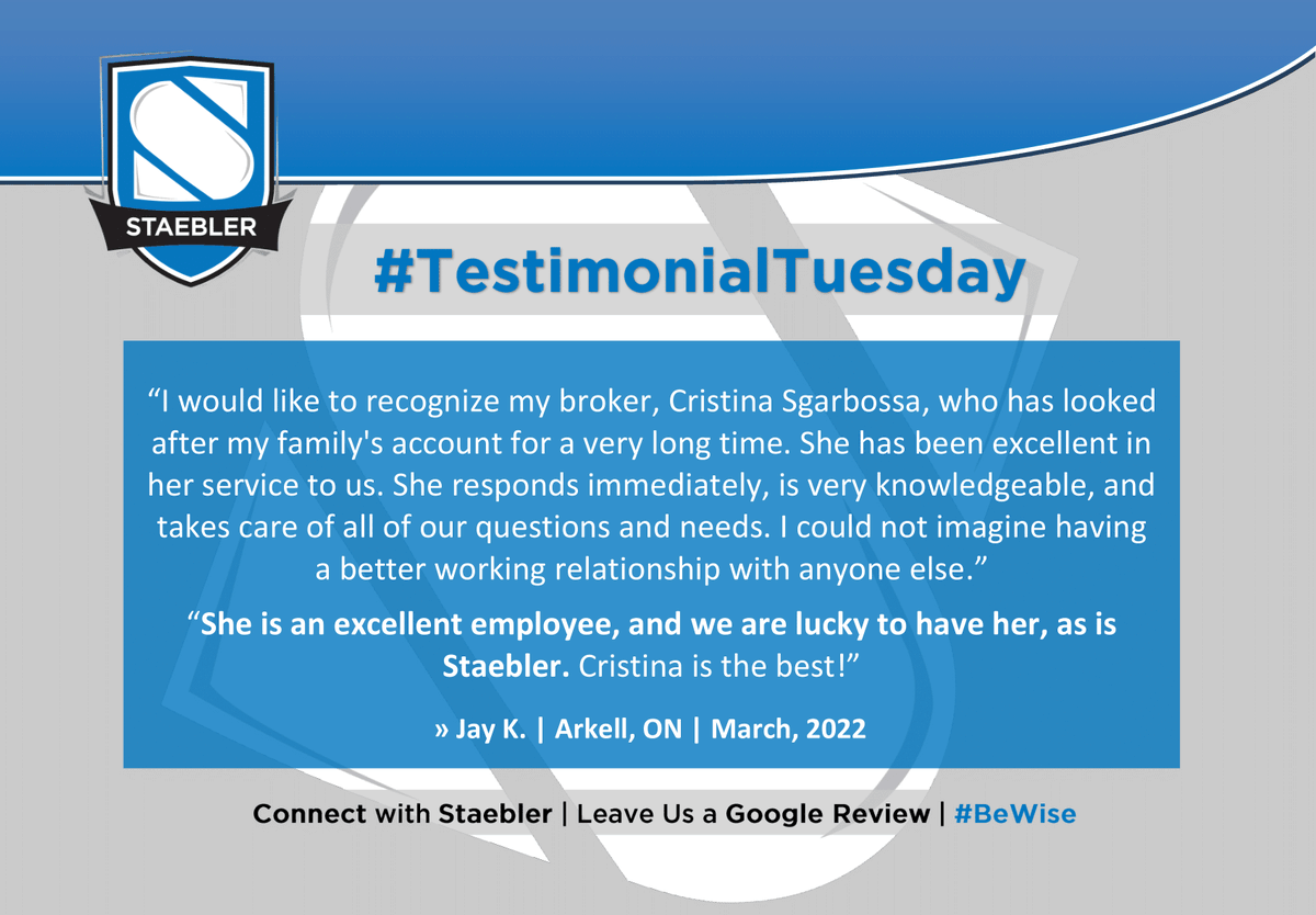 StaeblerInsures's tweet photo. We totally agree! Way to go, Cristina β always making clients happy! π
#TestimonialTuesday #ClientReview #OntarioBrokers #WeTheExperts https://t.co/nIiE5Log5t