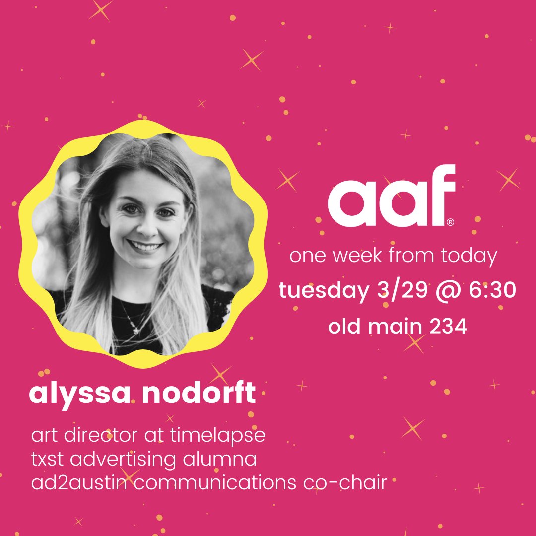 aaftxst's tweet photo. Welcome back from break everyone, time to get excited for our next meeting! @txst alumna Alyssa Nodorft will join us to talk about her journey from ad student to art director + @ad2austin co-chair. We'll see you 3/29  @ 6:30PM in OM234. 😊 #sjmc #aaftxst https://t.co/3XCxuRdrEw