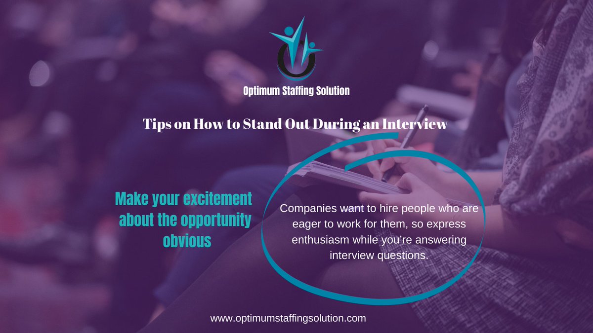 First impression lasts. Here are some tips to stand out during your interview.... 

Follow us on our Official Pages : 

Website : https://t.co/r6m3XuaBz7
Facebook Page : https://t.co/Ny7snyH0Vd
LinkedIn: https://t.co/MOfbyJUgc3
Instagram: @Optimumstaffingsol

#interviewtips https://t.co/ehzQzoFMEZ