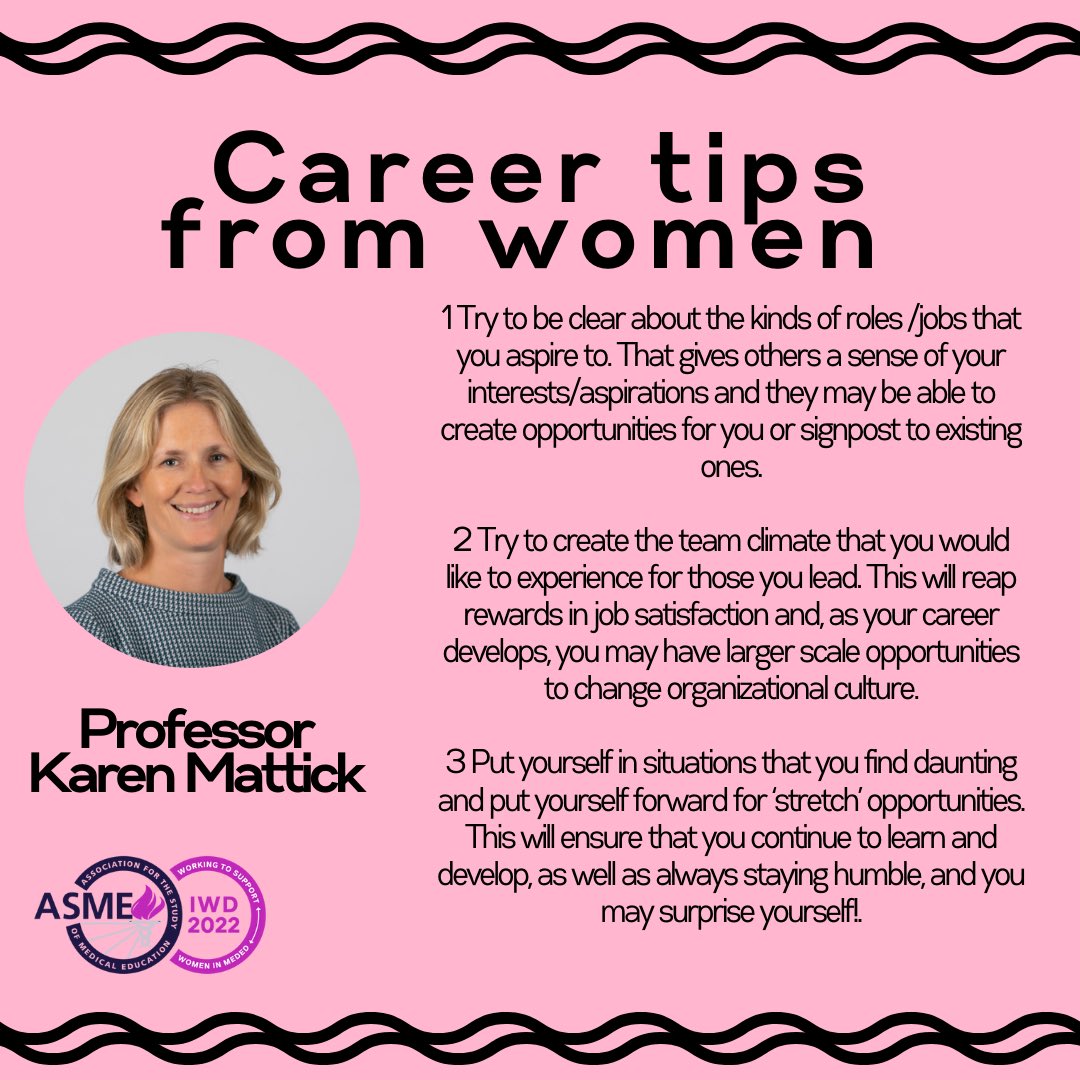 asmeofficial's tweet photo. Today’s Career tips from Women coming from ASME’s very own, Professor Karen Mattick @KarenMattick 

For more tips, and access to our other #IWD2022      content, check out this link ⬇️

https://t.co/4opyTju9b2

#MedEd #WomenInMedEd https://t.co/tuNKHQ5ow9
