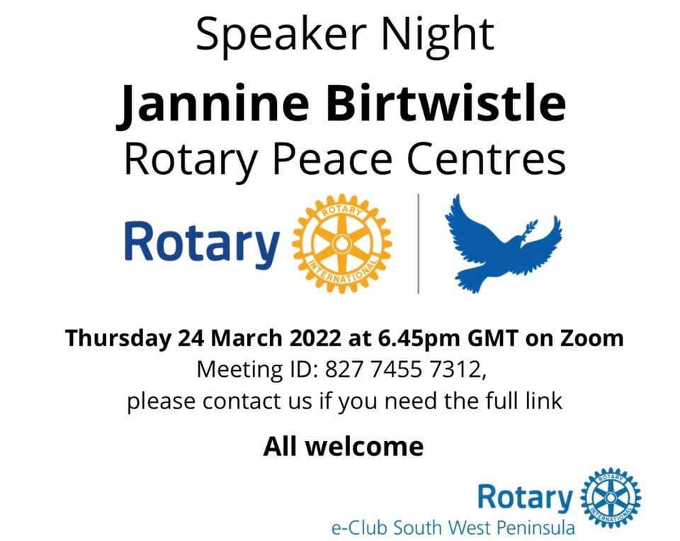 eclubswp's tweet photo. The Rotary Peace Centres programme gives us all some hope amidst so many turbulent 🌍 conflicts presently 🙏 Why not join us this Thursday for our #SpeakerNight 🙂 All Welcome !
@eclubswp @rotary1175 https://t.co/i0W6smIQz8