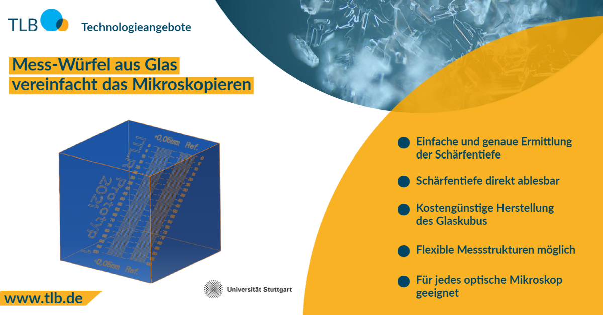 TLBGmbH's tweet photo. Mit einem an der Uni Stuttgart entwickelten Mess-Würfel kann die Schärfentiefe direkt bei der Untersuchung des Objekts einfach und genau ermittelt und direkt abgelesen  werden. Der Glaskubus kann kostengünstig hergestellt werden und ist für jedes optische Mikroskop geeignet. https://t.co/VLe8lbg5hR