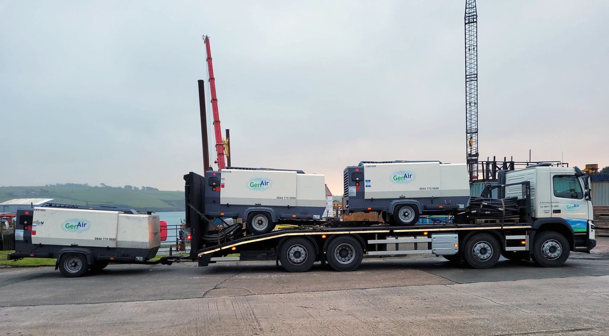 GenAirUK's tweet photo. Three of our 850cfm low emission diesel machines being loaded onto a barge for a recent offshore piling project. https://t.co/0OGoKd04QU