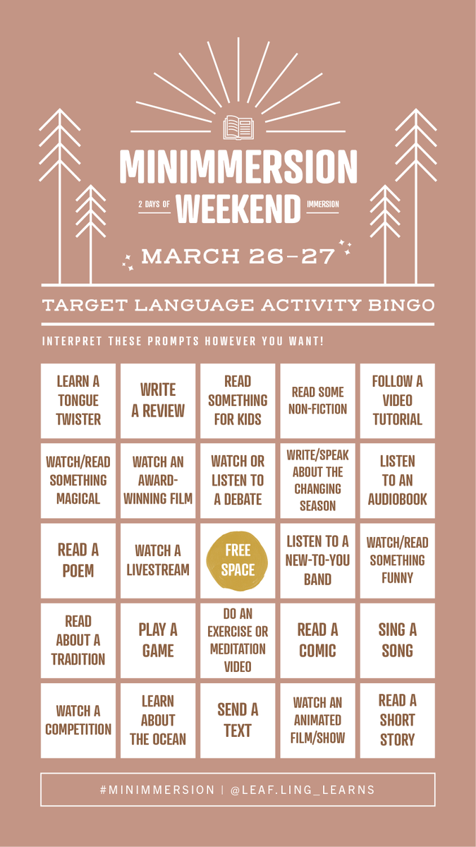 leaflinglearns's tweet photo. #Minimmersion Weekend is THIS WEEKEND!

If you're participating in our at-home language immersion retreat, I have a bingo board to help inspire your activities!!

It is NOT required to do the bingo board if you're participating. Only do it if it seems fun! #langtwt https://t.co/Cc0pDcfeyg
