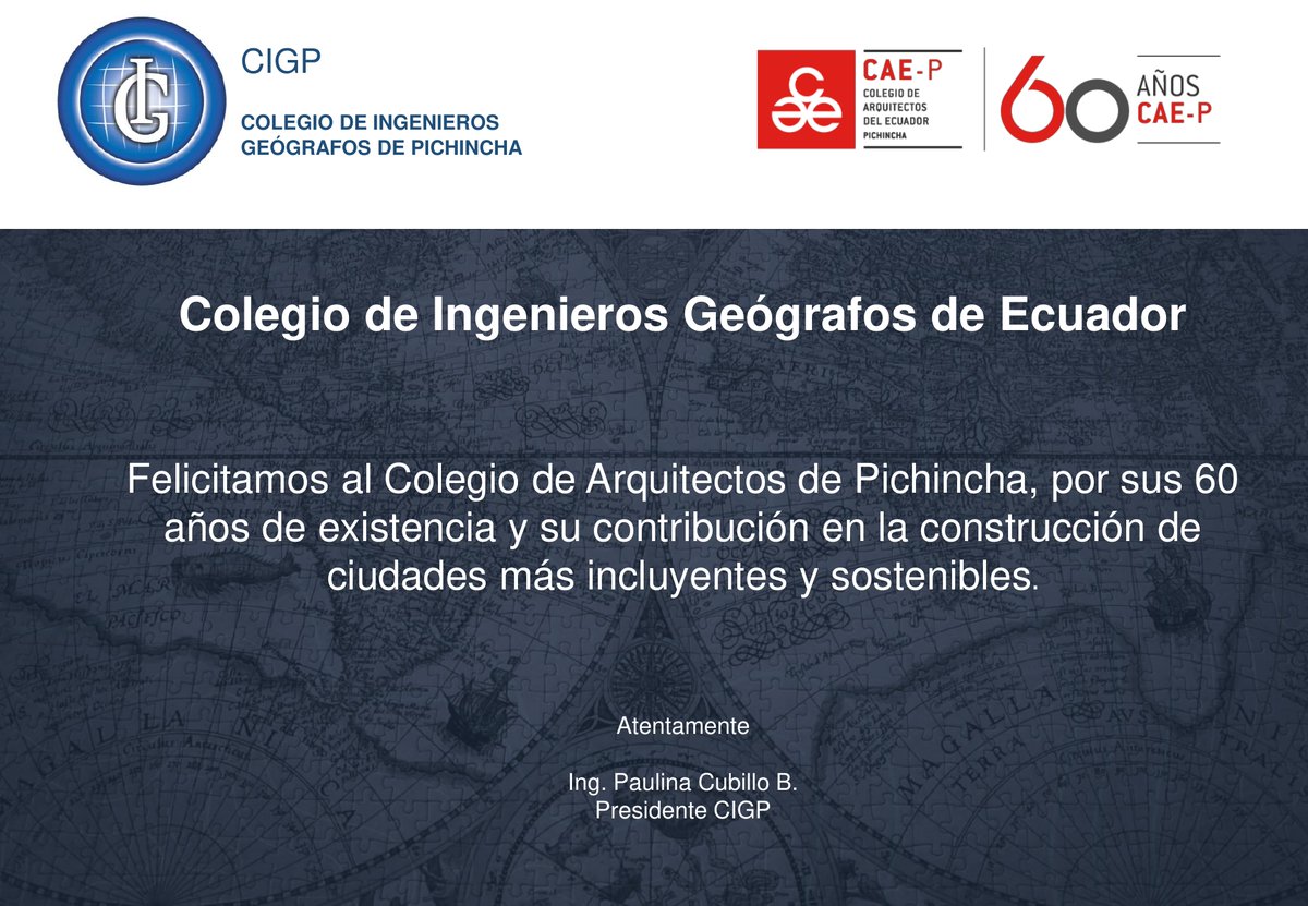 🔵El Colegio de Ingenieros Geógrafos de Pichincha, felicita al <a href="/CAEPichincha/">Colegio de Arquitectos</a>  👷👷‍♀️ por sus 60 años de existencia y su contribución en la construcción de ciudades más incluyentes y sostenibles.🏢🏗🌱