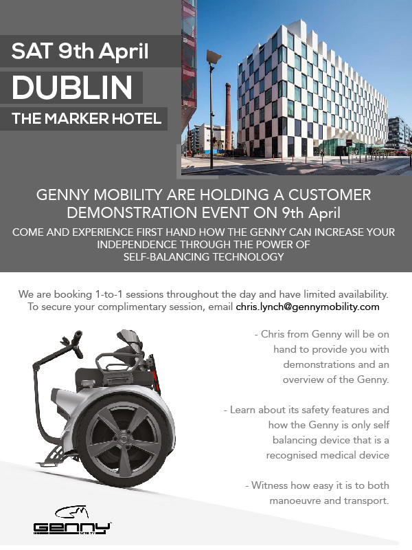 Genny Mobility are holding a demonstration event at The Marker Hotel Dublin on Saturday 9th April. If you would like to attend and try one of our amazing machines, please drop us a DM or email chris.lynch@gennymobility.com 
#irishwheelchairusers #wheelchair #disability #ireland