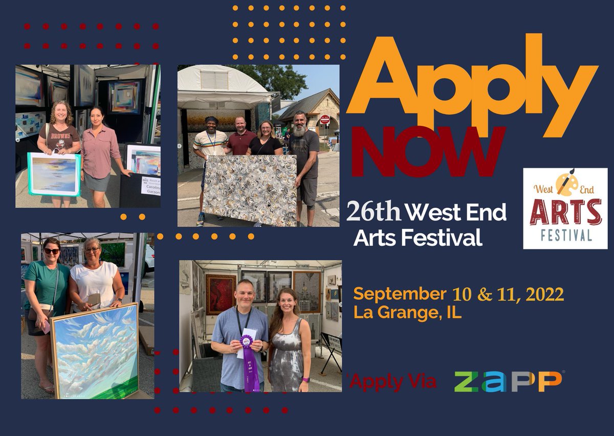 LaGrangeArts's tweet photo. We’re thrilled to announce we are accepting artist applications for the 26th West End Arts Festival in La Grange, IL. Please share and pass along the information. https://t.co/cOSsvukioc
#calltoartists #lagrangeil #chicagoland #chicago #artfairs #artapplication #art #fineartshow https://t.co/koV6vxhE9K