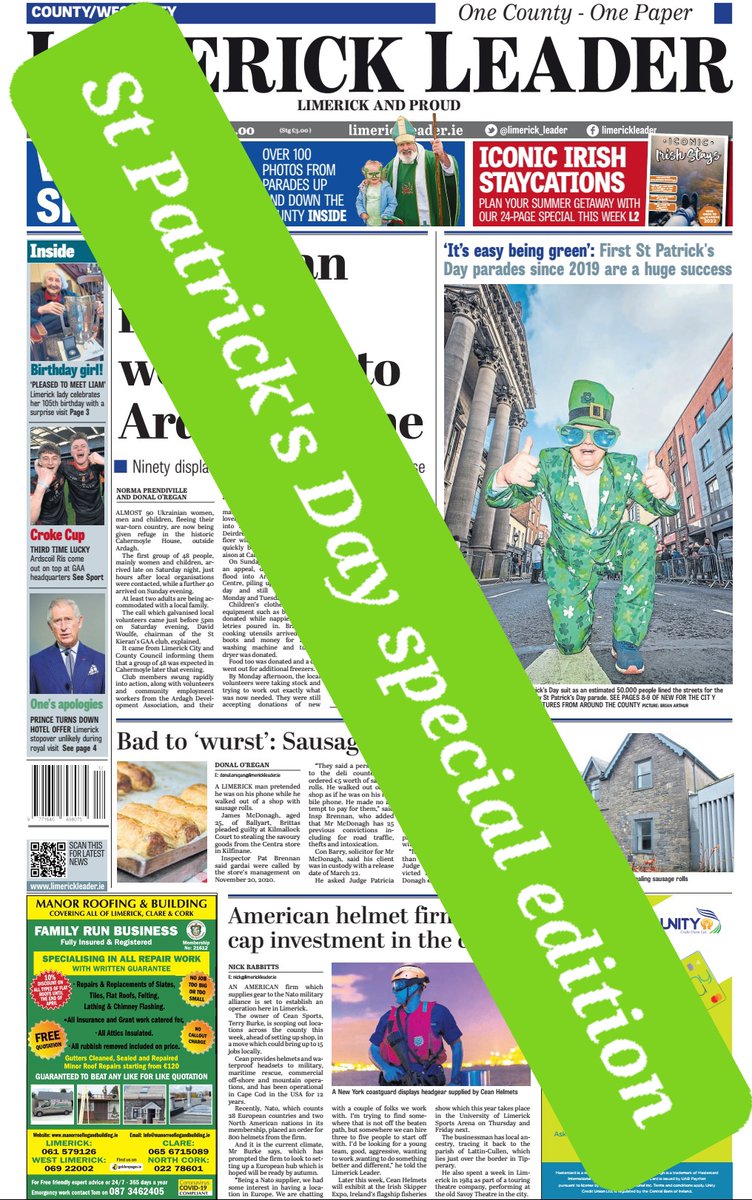Limerick_Leader's tweet photo. Done and dusted! This week's special #StPatricksDay edition of the Limerick Leader, which includes photos from EVERY parade in Limerick, has gone to print and will be available to buy in shops across the city and county first thing tomorrow #LLStPatrick #OneCountyOnePaper https://t.co/egeu1EngTJ