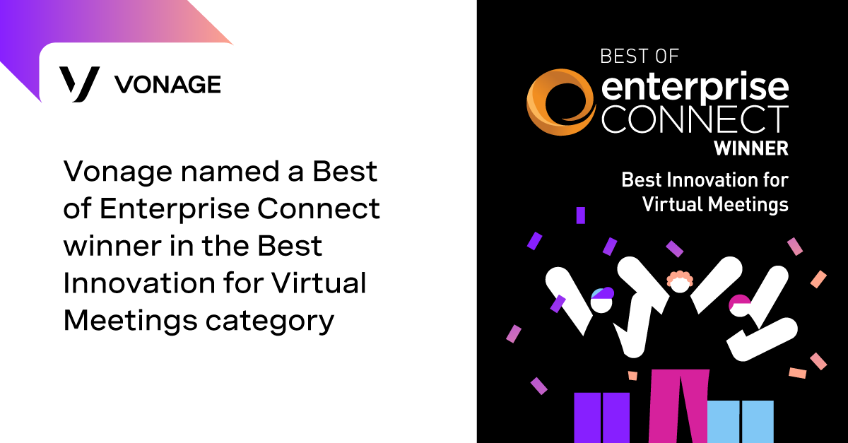 Vonage's tweet photo. We're thrilled to be named a Best of @enterprisecon winner in the Best Innovation for Virtual Meetings category at #EC22. https://t.co/q9QpRmvyGT #VonageDoesThat https://t.co/hqM4BlL4PG