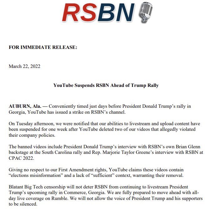 RonFilipkowski's tweet photo. Damn. The channel that covers all the Trump rallies was suspended by YouTube right before the next one this weekend. https://t.co/lvRFRzhTXM