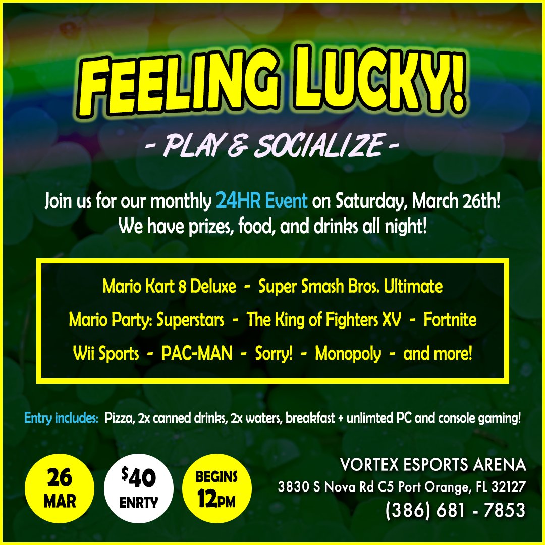 Vortex_EA's tweet photo. This weekend is the March 24HR Event! If you're feeling lucky, come by and join in for a night of fun and prizes! Entry is $40 per person, doors open at 12pm Saturday! ๐
Questions? Visit our website or give us a call below!
https://t.co/x5hBPl5YcM
386-681-7853
#VortexEA https://t.co/QbeRiQ6BzE