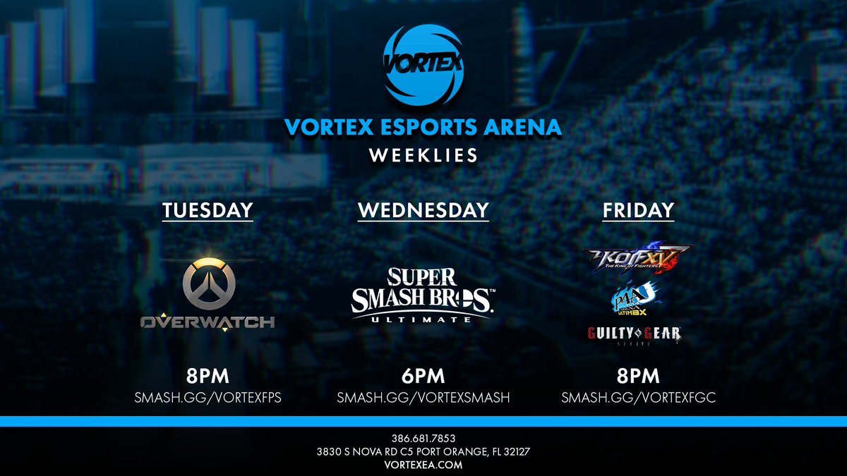 Vortex_EA's tweet photo. Here’s a look at this week’s tournaments! Chaos bracket is being featured for #VortexSmash, along with KoF XV and P4A for #VortexFGC. Pre-reg links are below!
Tues - https://t.co/5ChevGLF0t
Wed - https://t.co/A4OCj36AKa
Fri - https://t.co/ospmXV0IiA
#VortexEA #SSBU #FGC https://t.co/hrI1OqV1VE