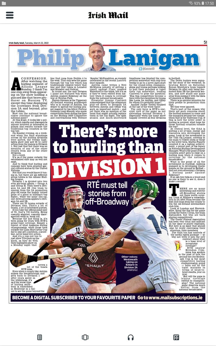 There’s more to hurling than Division 1.
Yet judging by Allianz League Sunday, the game doesn’t seem to exist to RTE outside the top counties in the top flight.
Hurling deserves better from the national broadcaster.
Column in <a href="/irishdailymail/">The Irish Daily Mail</a>